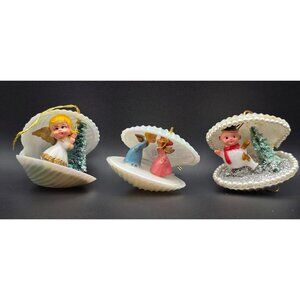 Vintage Shell Diorama Christmas Ornaments Angel Snowman Bottle Brush Tree Gift